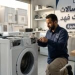 فني صيانة متخصص يقوم بفحص وتصليح غسالة ملابس باحترافية ودقة في حي الملك فهد